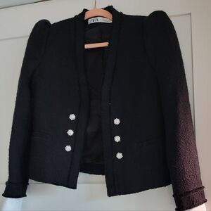 Zara Black Textured Puff Sleeve Blazer with White Accents Rhinestone Button Sz S